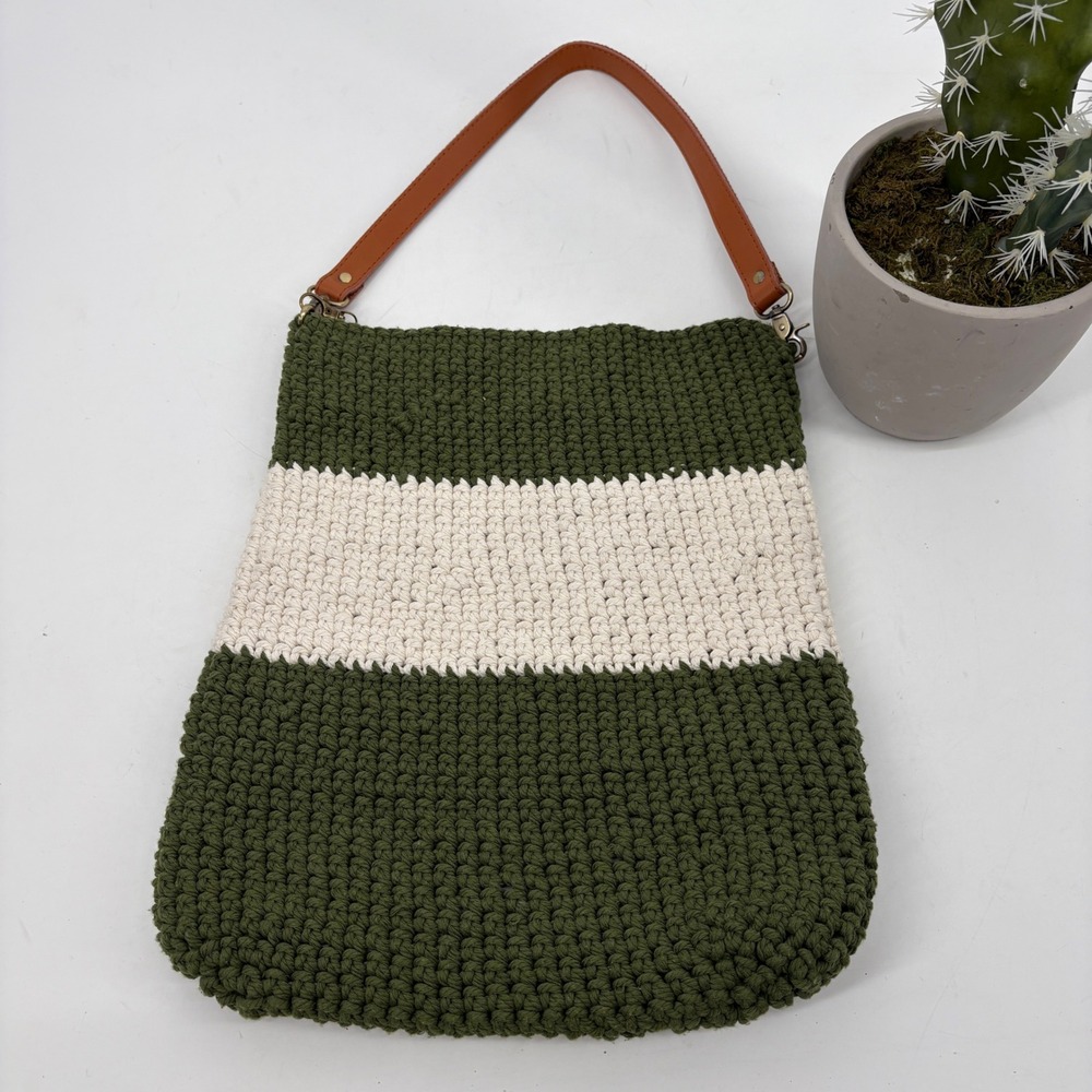 Handmade Crochet Knit Bumble Bee Lined‎ Boho Shoulder Bag Green Cream Tote